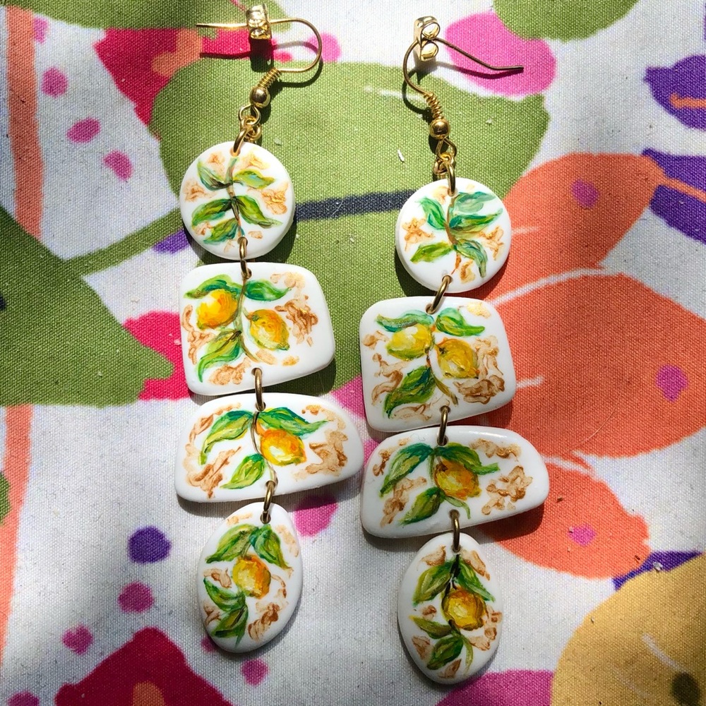 Hand-painted Polymer Clay Lemon Earrings - Dangly Lightweight